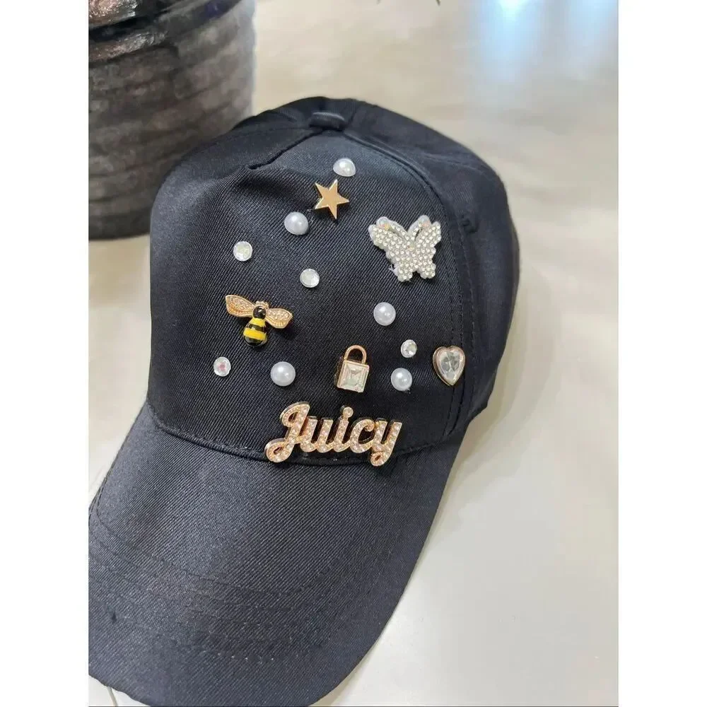 Juicy Couture Women's Rhinestone Crystals Logo Charm Baseball Cap Black One Size